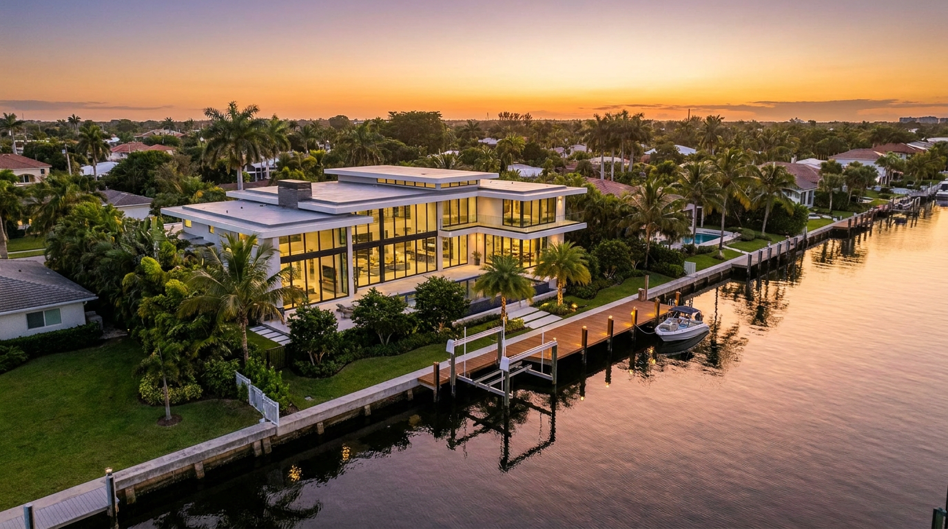 Aerial view of a waterfront home in Harbor Village, Pompano Beach, photographed under FAA drone laws.