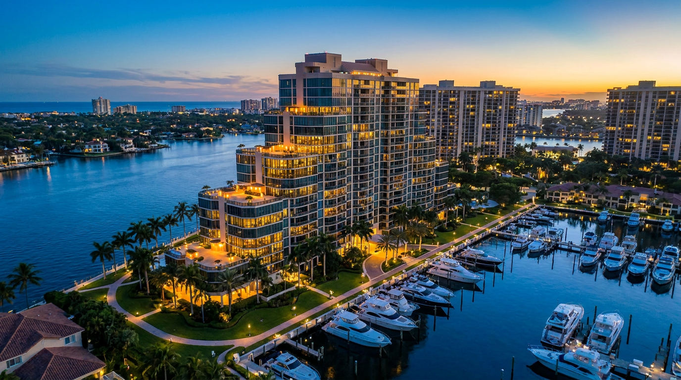 Twilight drone shot of a luxury condo on Williams Island, Aventura, showing real estate photography cost.
