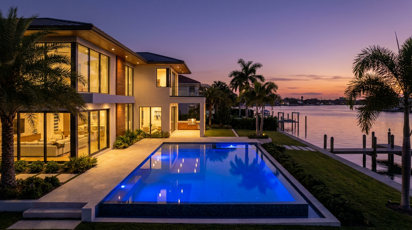 Twilight real estate photography of a luxury home in Clearwater, Florida, showing the cost and value of professional photos.