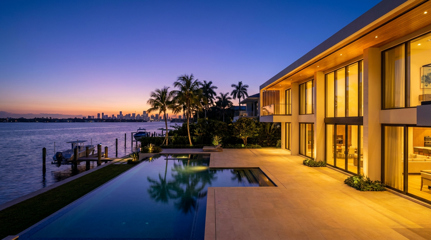 Twilight view of a luxury waterfront home in Key Biscayne, illustrating the cost and value of professional real estate photography.
