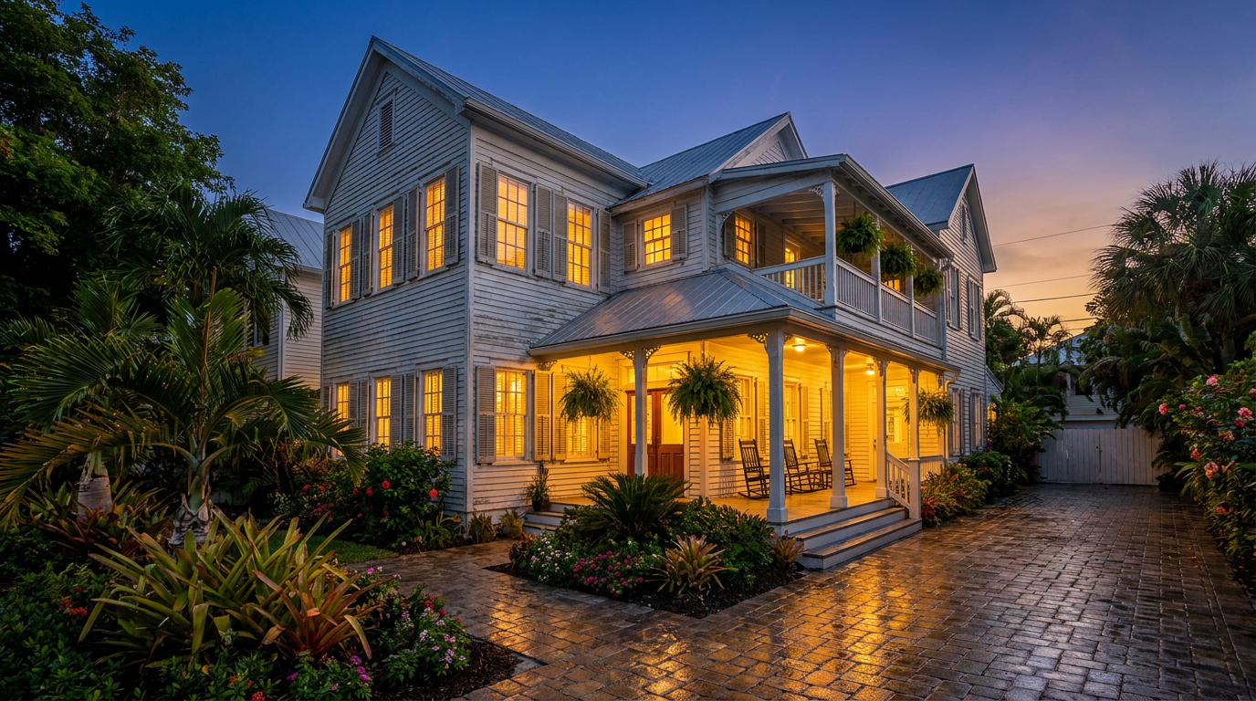 A beautiful twilight photo of a luxury home in Key West, showcasing professional real estate photography.