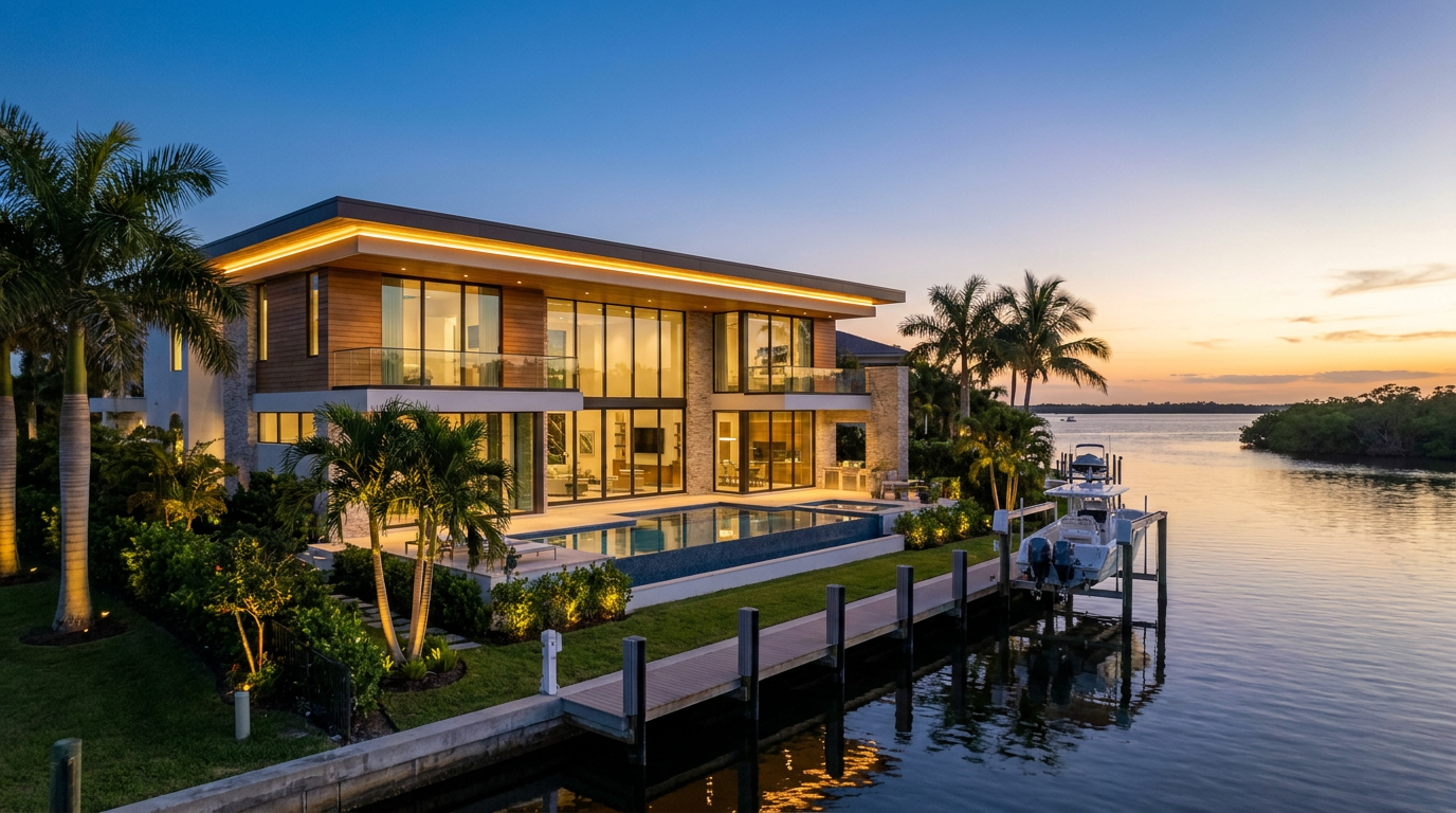 A beautiful twilight photo of a luxury home in Bonita Springs, an example of professional real estate photography.