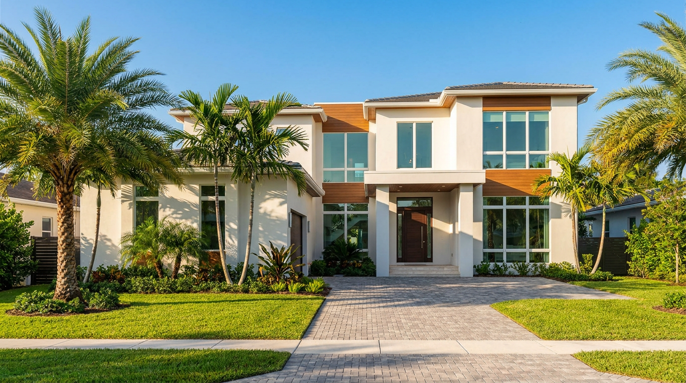 The perfectly prepared front exterior of a modern home in Hollywood, Florida, ready for a real estate photo shoot.