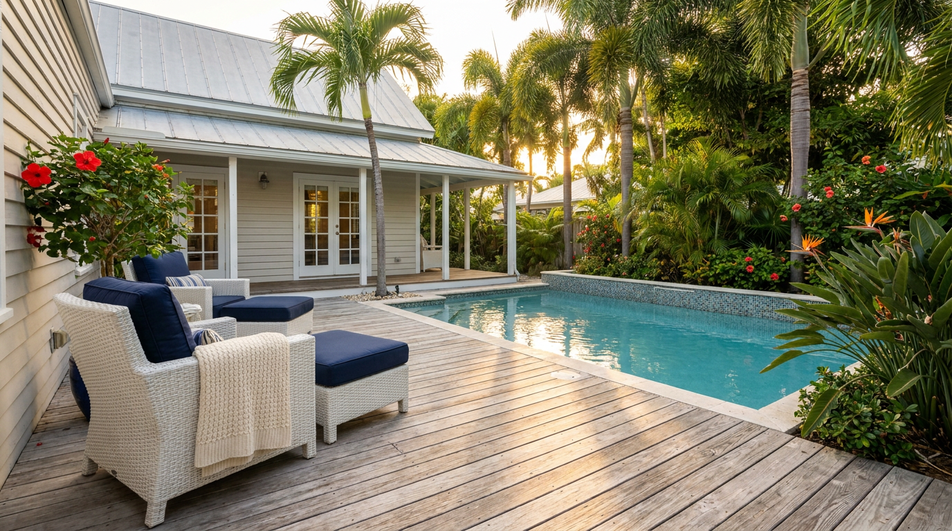 A prepared lanai and pool area of a Key West home ready for a real estate photo shoot.