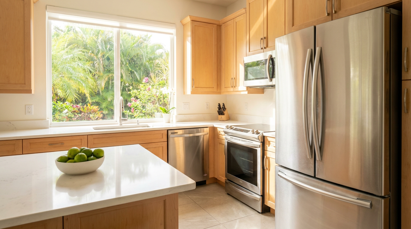 A perfectly clean and prepped modern kitchen in a Tampa home ready for a real estate photo shoot.