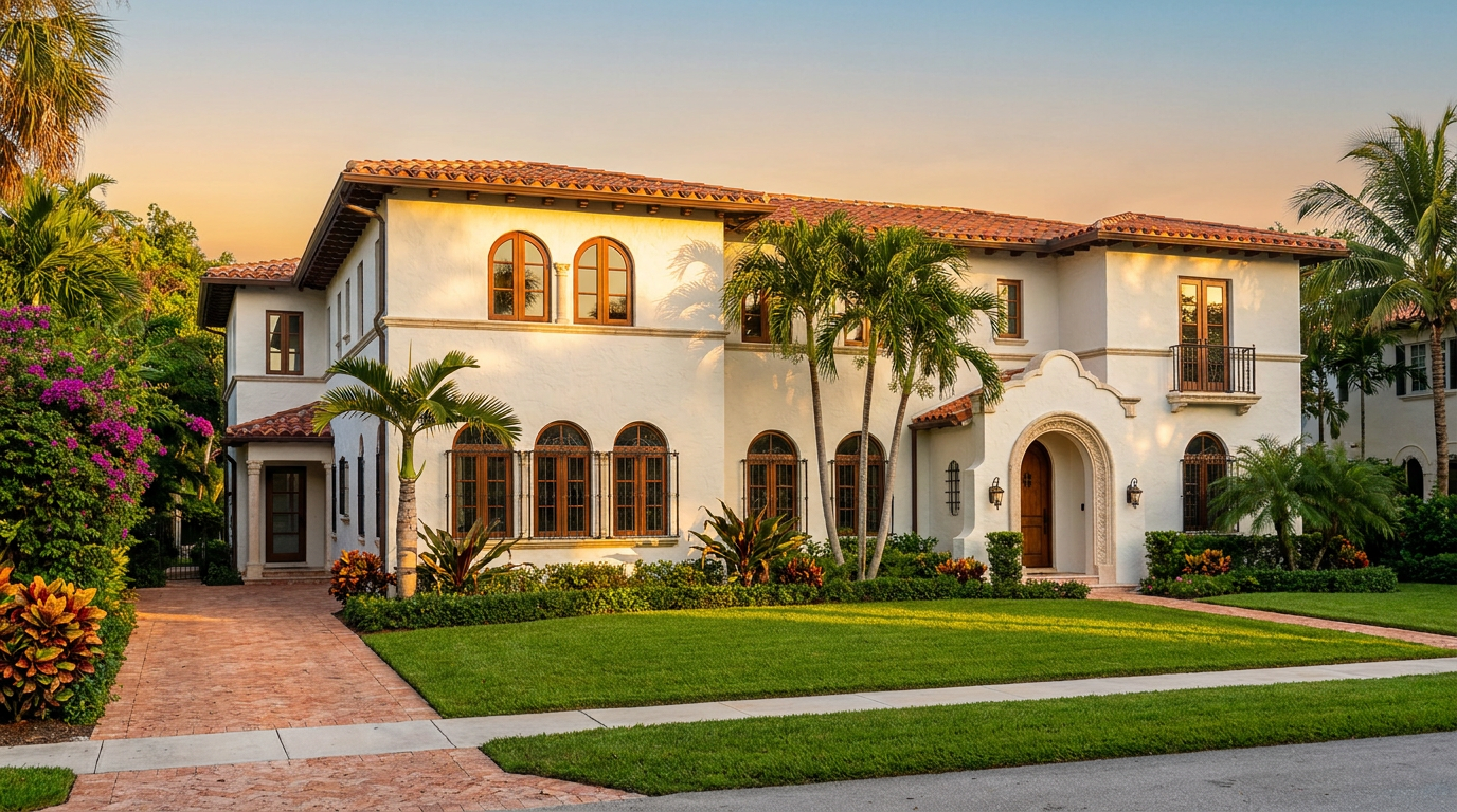 A stunning Spanish-style home in Coral Gables at sunset, captured with professional real estate photography.