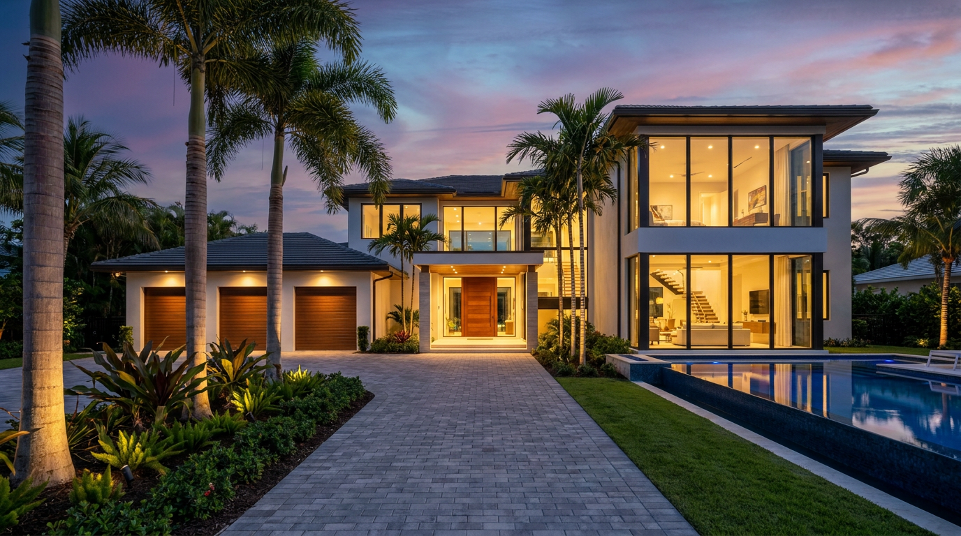 A professional real estate photo of a luxury home in Jupiter, Florida, at twilight, comparing iPhone vs professional real estate photos.