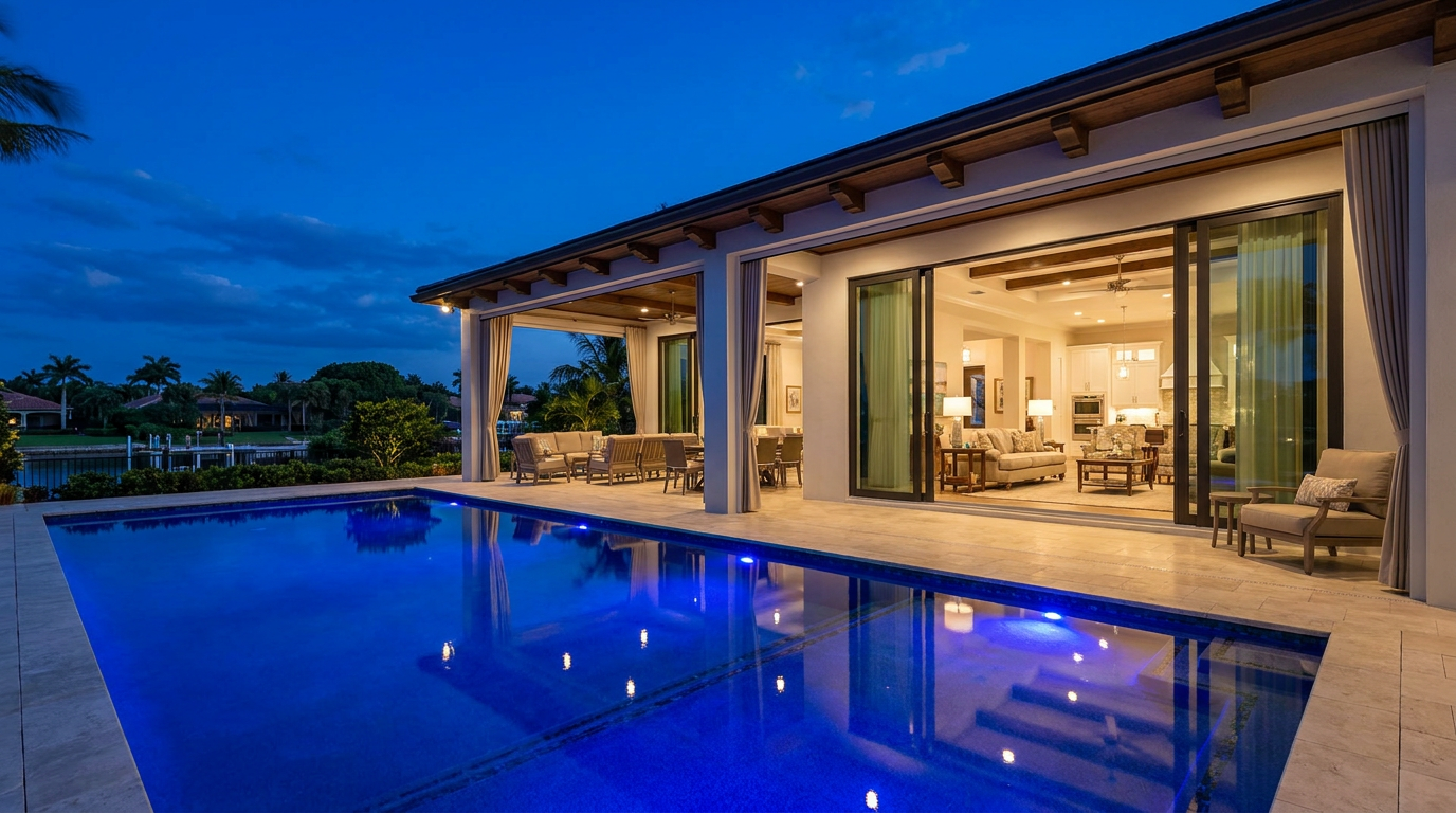 A professional twilight photograph of a luxury home's lanai and pool in Marco Island, Florida, showcasing the value of professional listing photos.