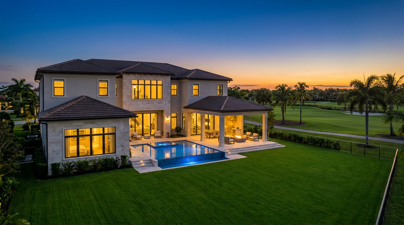 Twilight aerial view of a luxury home and pool in Doral, Florida, with a golf course in the background.