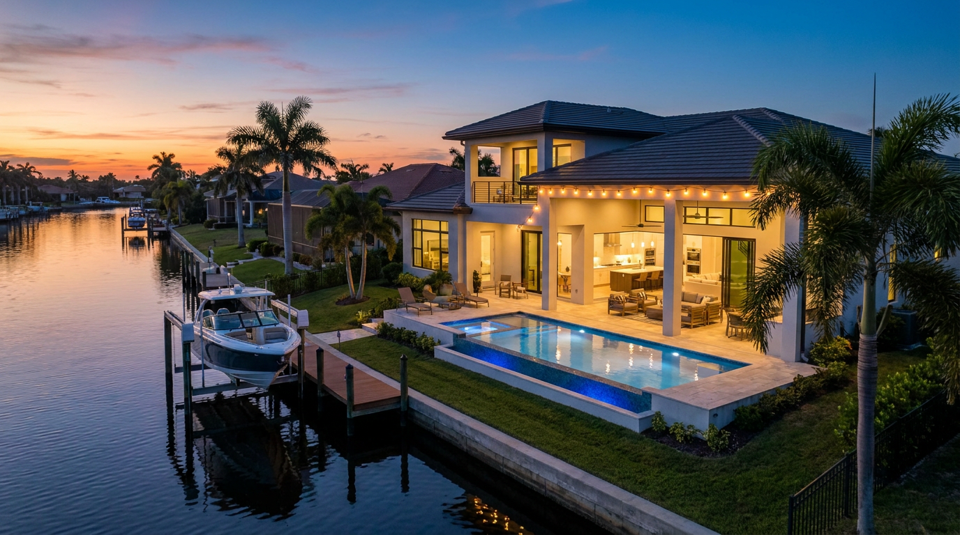 A luxury waterfront home in Cape Coral at dusk, featuring a pool and boat dock, marketed with Matterport 3D tours.