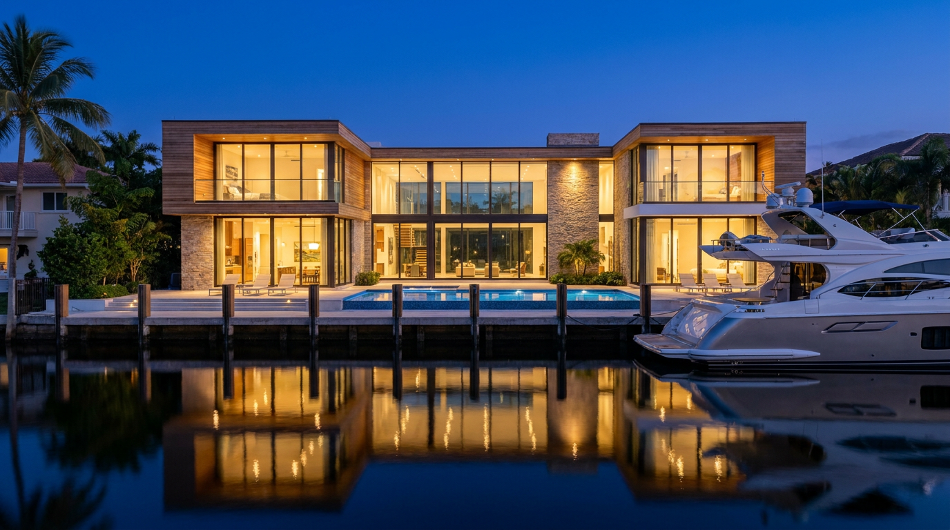 Twilight real estate photography of a luxury waterfront home on the Las Olas Isles in Fort Lauderdale.