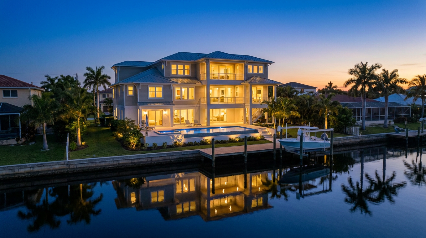 A luxury waterfront Fort Myers property photographed at twilight, showcasing the best time of day for real estate photos.