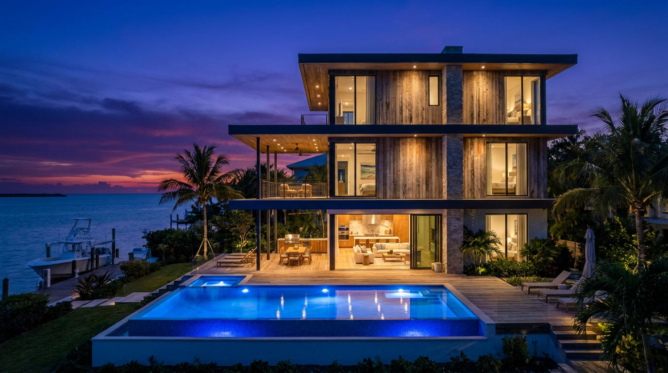 A luxury Key West waterfront home at twilight, with the pool and interior lights glowing against the deep blue sky.