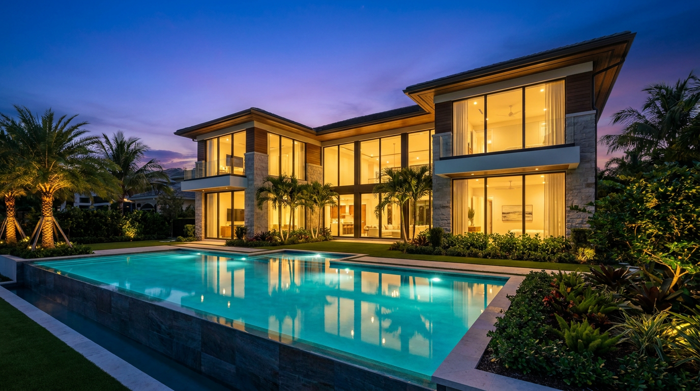 Luxury home in Boca Raton at twilight with a glowing pool and interior lights, showcasing the benefits of twilight real estate photography.