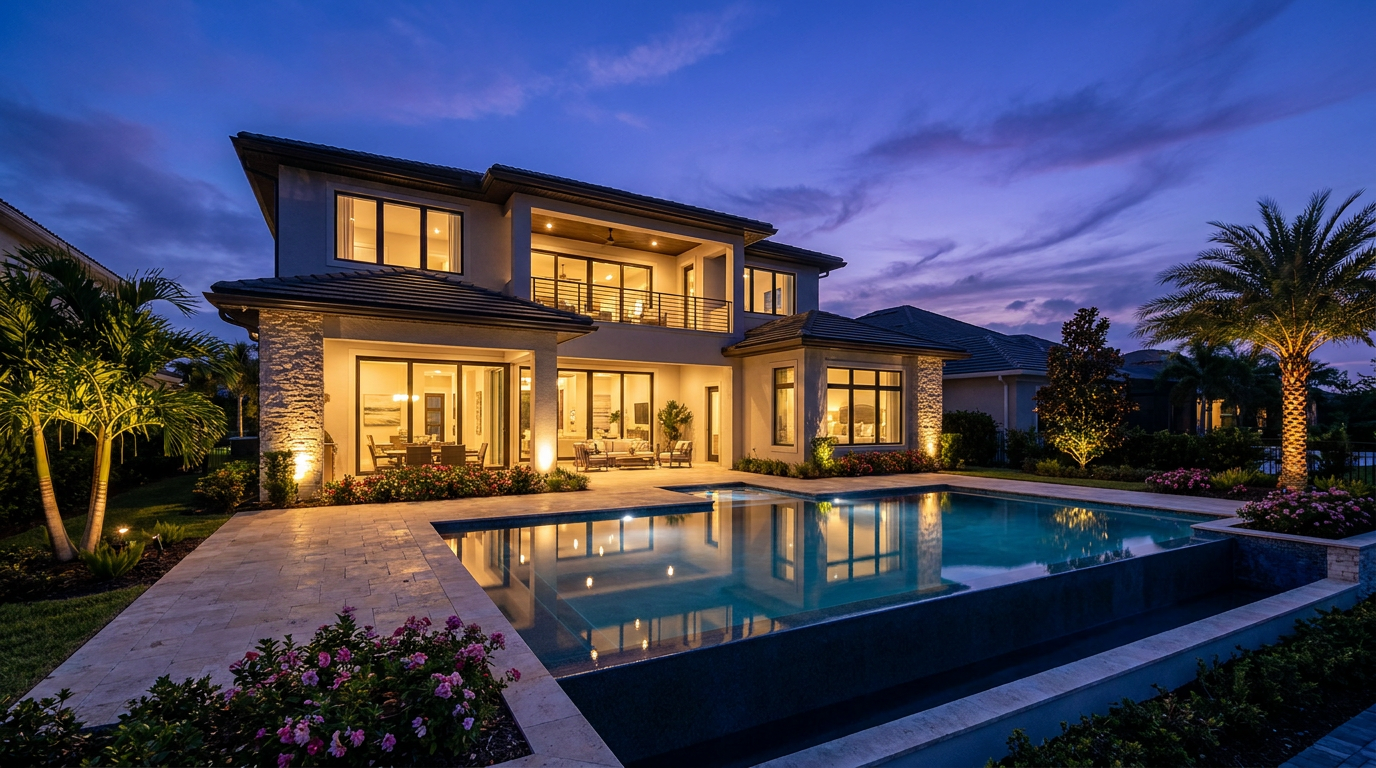 A luxury Orlando home at twilight with a glowing pool and dramatic sky, an example of twilight real estate photography.